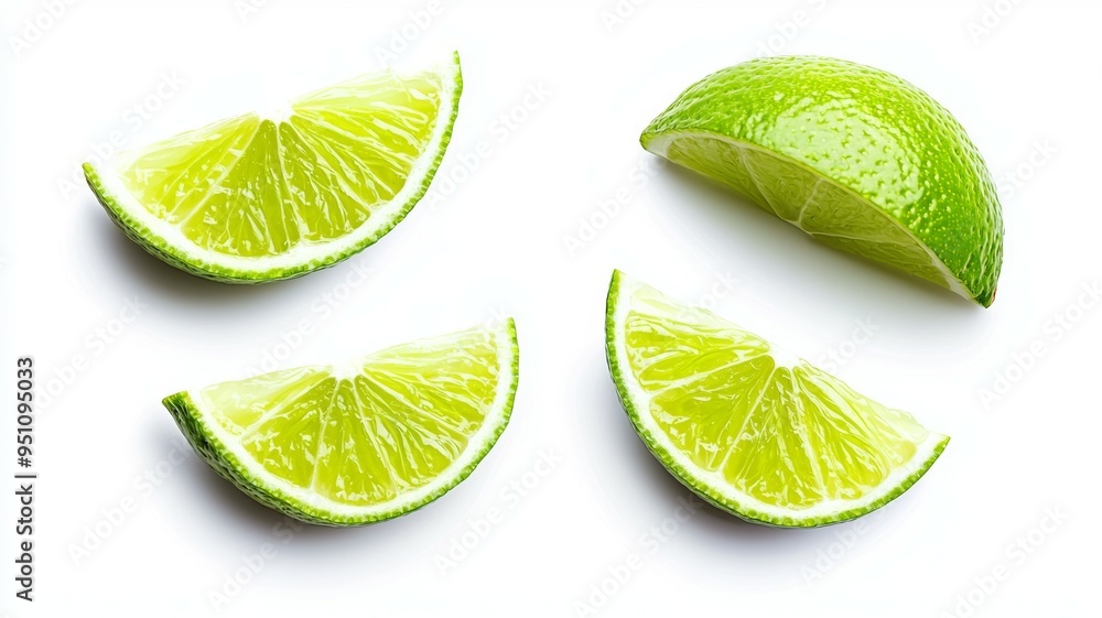 Four slices of lime on a white background Four slices of lime on a white background