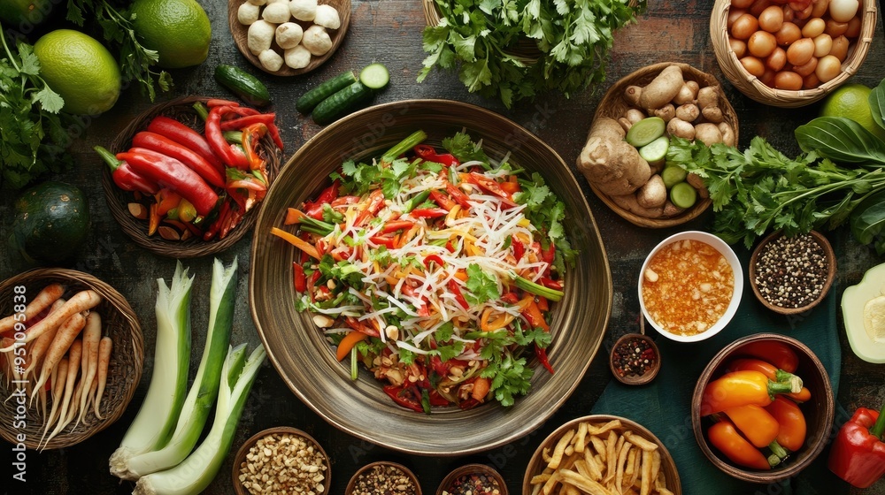 A vibrant spread of Thai som tam, with spicy papaya salad and fresh vegetables. A vibrant spread of Thai som tam, with spicy papaya salad and fresh vegetables.