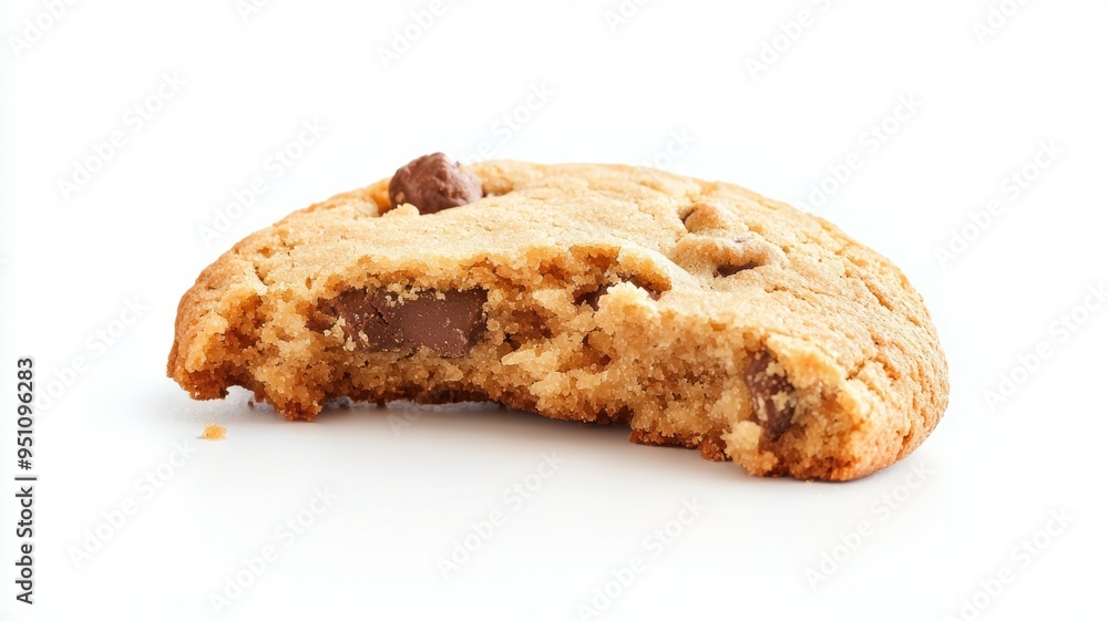 A cookie with chocolate chips is half eaten A cookie with chocolate chips is half eaten