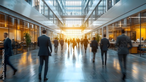 A group of businesspeople in suits walk through a modern office building, the sunlight streaming in from the windows behind them creates a warm glow.