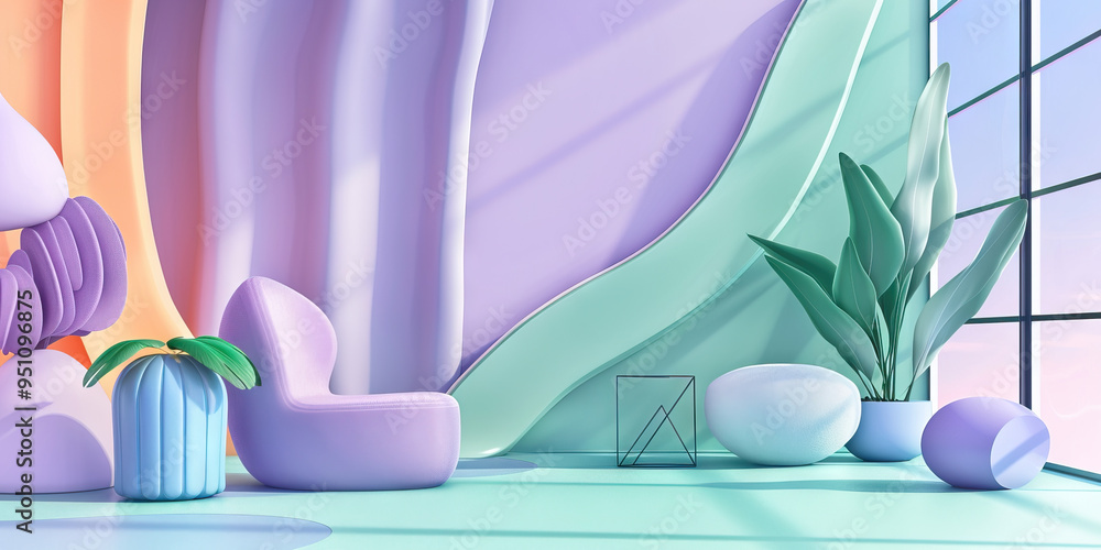 Abstract shapes and patterns, in soothing colors like lavender or jade, to convey a sense of tranquility or well-being within a workplace setting. Abstract shapes and patterns, in soothing colors like lavender or jade, to convey a sense of tranquility or well-being within a workplace setting.