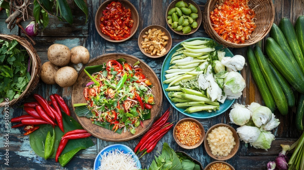 A vibrant spread of Thai som tam, with spicy papaya salad and fresh vegetables. A vibrant spread of Thai som tam, with spicy papaya salad and fresh vegetables.