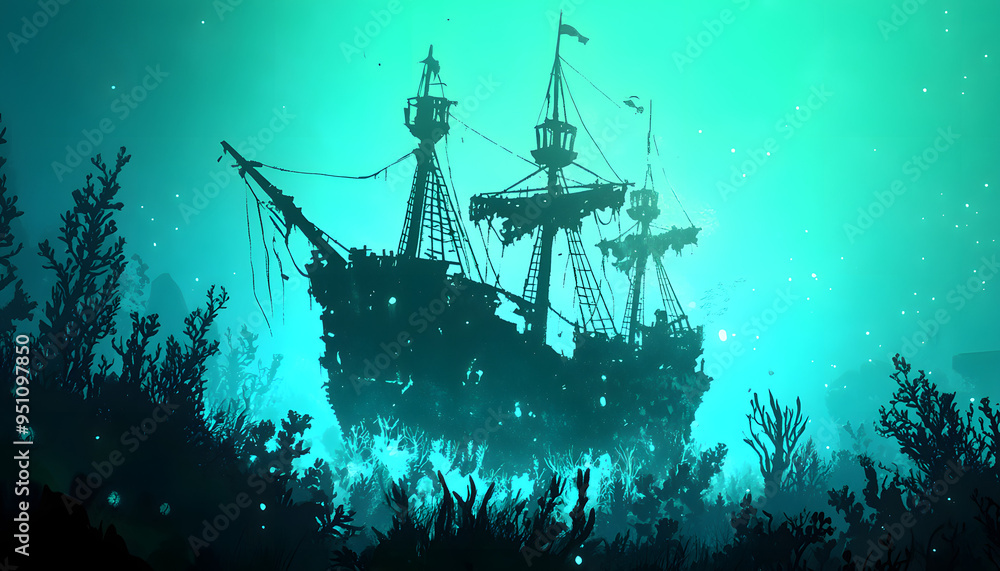 A Large Pirate Shipwreck at the Bottom of an Ocean Surface, Captured in a Deep Blue Underwater Scene with Marine Life and Coral Reefs, Evoking a Sense of Adventure and Historical Mystery, Ideal for Il A Large Pirate Shipwreck at the Bottom of an Ocean Surface, Captured in a Deep Blue Underwater Scene with Marine Life and Coral Reefs, Evoking a Sense of Adventure and Historical Mystery, Ideal for Il