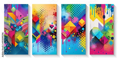 Vibrant cmyk ink splattered canvases with bold geometric shapes and abstract patterns