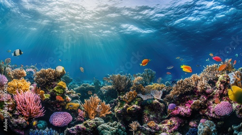 Fototapeta Naklejka Na Ścianę i Meble -  A wide shot of a coral reef with vibrant marine life, showcasing the beauty and importance of ocean conservation.
