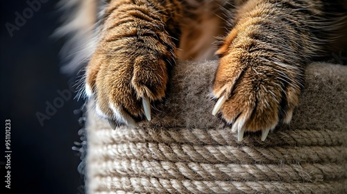 Detailed close up view of a Maine Coon cat s large fluffy paws and sharp extended claws resting on a wooden scratching post  Showcasing the feline s natural instinct to scratch and groom photo