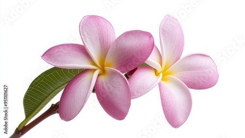 Two pink flowers with yellow centers are on a white background