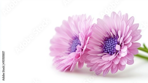 Two pink flowers with purple centers are displayed on a white background