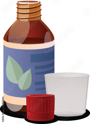 Brown glass syrup bottle standing open with its lid and a measuring cup to the side