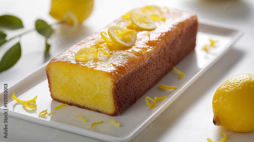 a beautifully baked lemon pound cake takes center stage on a sleek white ceramic rectangular plate a beautifully baked lemon pound cake takes center stage on a sleek white ceramic rectangular plate