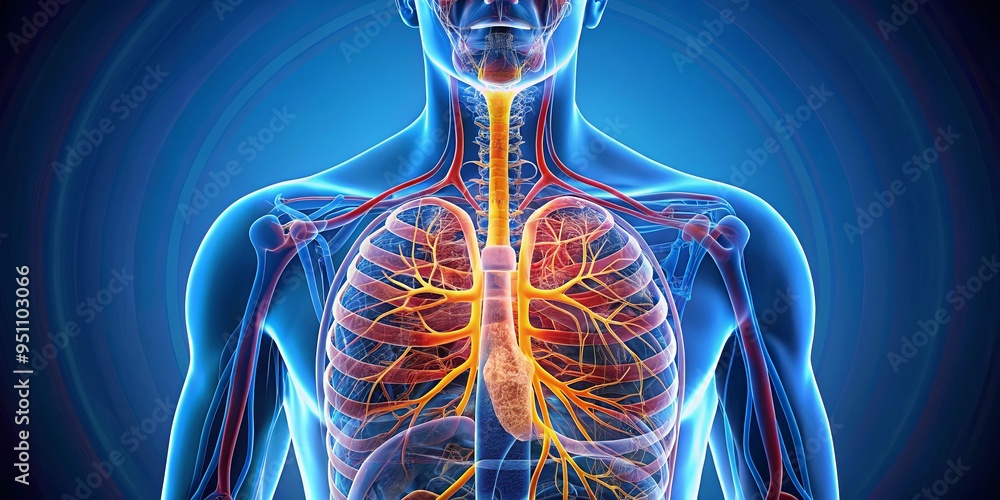 Anatomical of the human respiratory system featuring lungs, trachea, bronchi, and surrounding structures Anatomical of the human respiratory system featuring lungs, trachea, bronchi, and surrounding structures