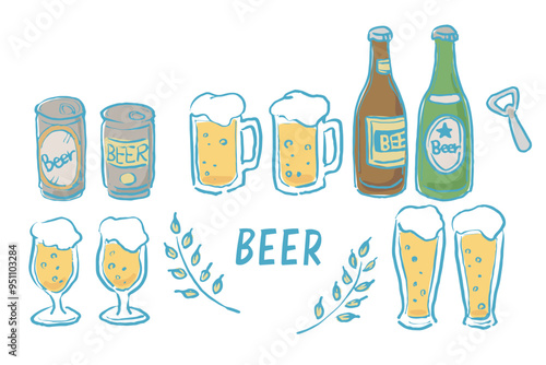 手描きタッチのビールのイラストセット(カラー02)