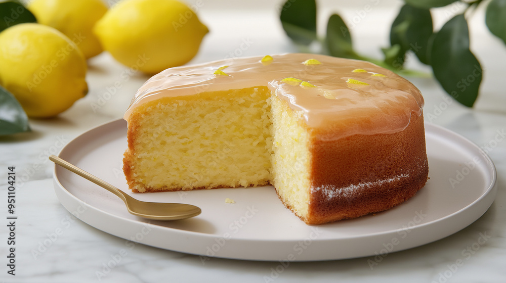 a carefully crafted lemon cake sits on a minimalist white ceramic plate, positioned on a light gray marble countertop a carefully crafted lemon cake sits on a minimalist white ceramic plate, positioned on a light gray marble countertop