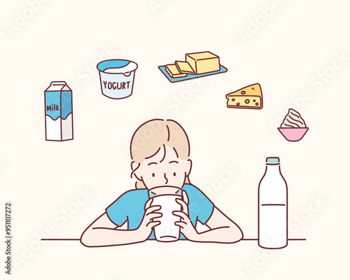A child drinking milk, milk-related icons. Hand drawn style vector design illustrations.