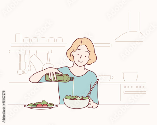 Young woman pouring olive oil in to the salad. Healthy lifestyle eating concept. Hand drawn style vector design illustrations.