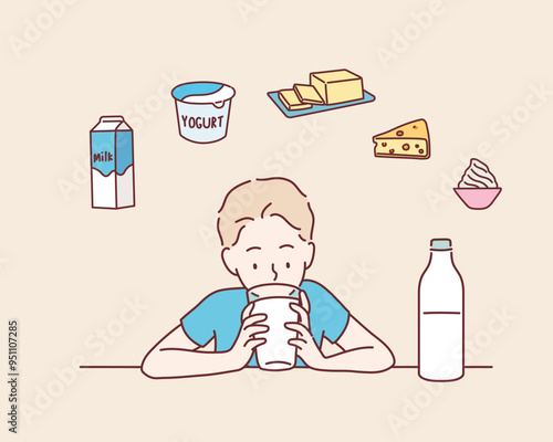 A child drinking milk, milk-related icons. Hand drawn style vector design illustrations.