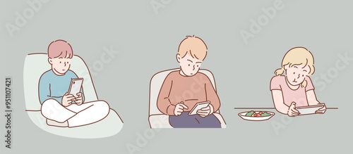 Children addicted to smartphones, children eating while looking at their smartphones. Hand drawn style vector design illustrations.