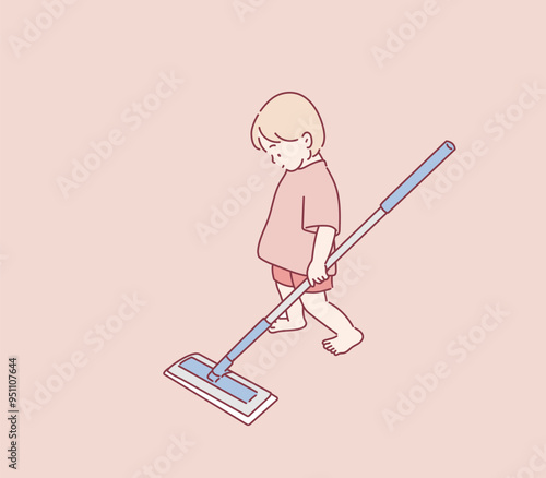 Happy little girl holding mop. Hand drawn style vector design illustrations.