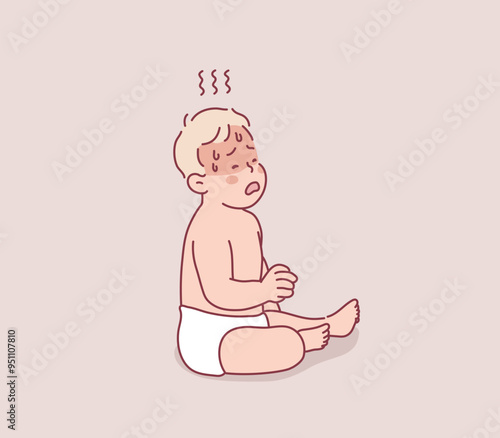 Little baby with fever in bed. Sick baby crying. Hand drawn style vector design illustrations.