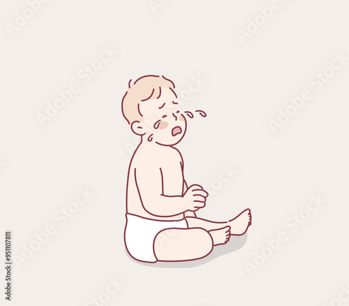 cute little baby boy show sad expression and cry. Hand drawn style vector design illustrations.