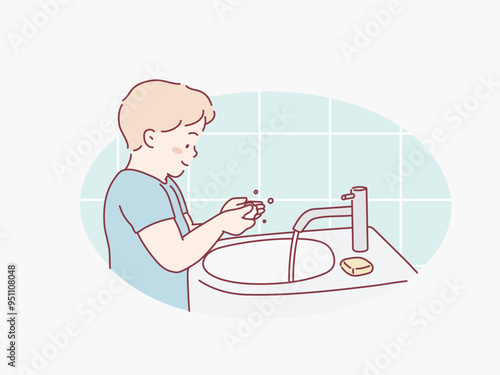 Side view of young preschool aged child washing hands with soap. Hand drawn style vector design illustrations.