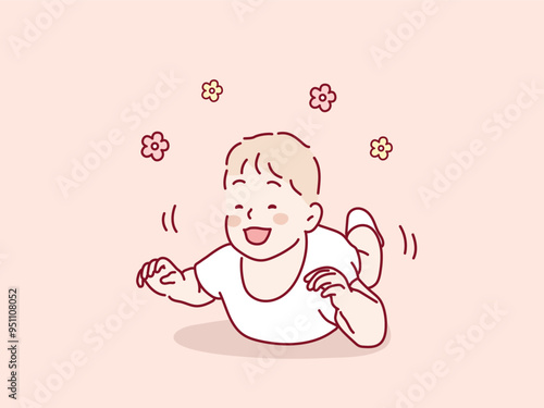 Happy  baby start to crawling on a bed. Hand drawn style vector design illustrations.