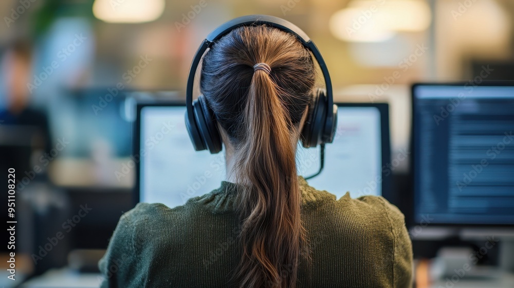 Woman Wearing Headphones While Working on Computer Woman Wearing Headphones While Working on Computer