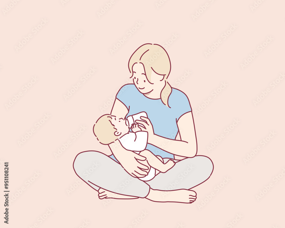 Mother feeding her baby with bottle. Hand drawn style vector design illustrations. Mother feeding her baby with bottle. Hand drawn style vector design illustrations.
