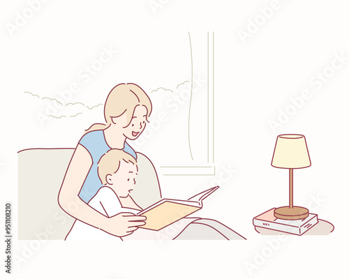 Mother with cute baby reading book. Family, early development, activity, learning. Hand drawn style vector design illustrations.