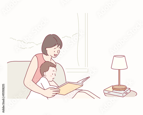 Mother with cute baby reading book. Family, early development, activity, learning. Hand drawn style vector design illustrations.