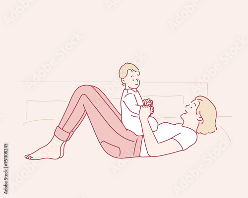 Mom plays with a small child. A woman with a baby lies on the bed. Hand drawn style vector design illustrations.