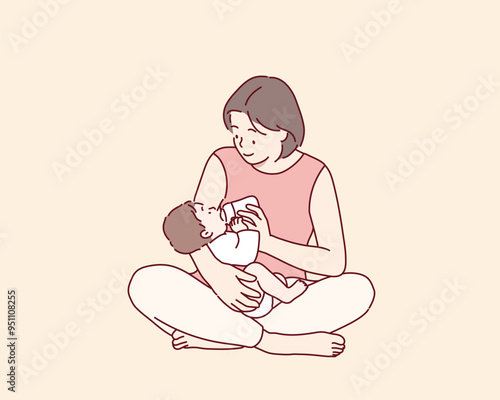 Mother feeding her baby with bottle. Hand drawn style vector design illustrations.