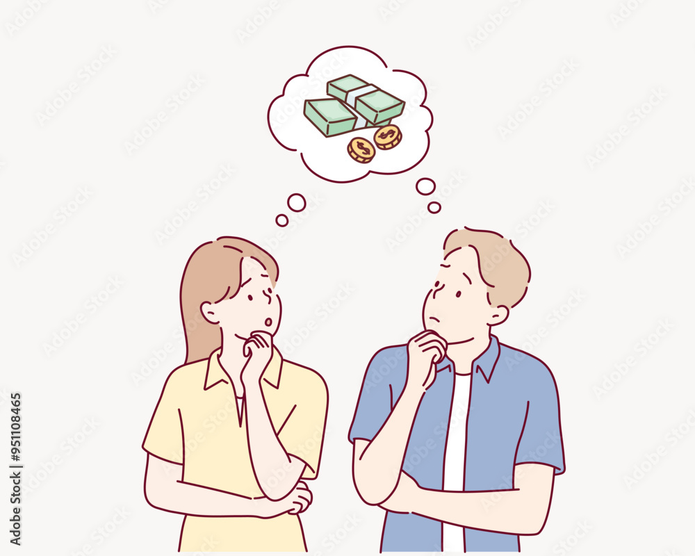 Couples Thinking About Money, Couples. Hand drawn style vector design illustrations. Couples Thinking About Money, Couples. Hand drawn style vector design illustrations.