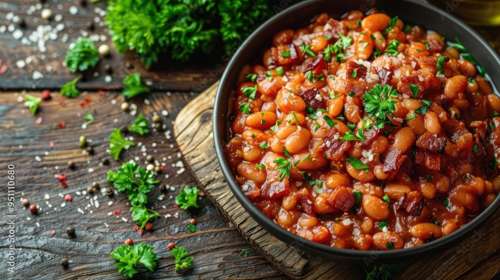 a bowl filled with beans and parsley on top of a wooden table a bowl filled with beans and parsley on top of a wooden table