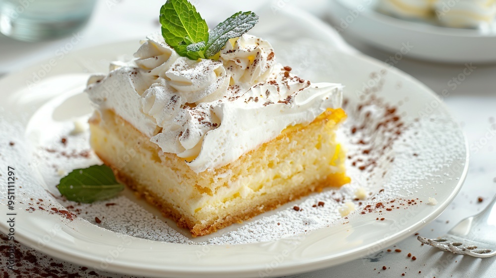 A Slice of Whipped Cream and Lemon Cake with Powdered Sugar and Chocolate Sprinkles on a White Plate A Slice of Whipped Cream and Lemon Cake with Powdered Sugar and Chocolate Sprinkles on a White Plate