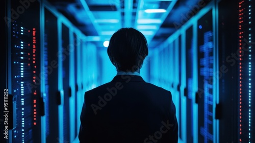 Silhouette of a Person in a Futuristic Server Room