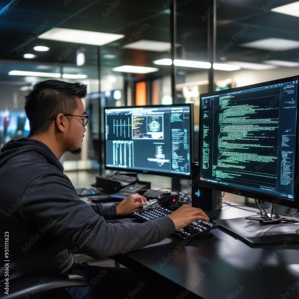 Skilled Computer Programmer Working in a High-Tech Office Environment Skilled Computer Programmer Working in a High-Tech Office Environment