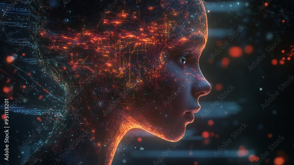 A digital portrait of a female face rendered as glowing circuits. A digital portrait of a female face rendered as glowing circuits.
