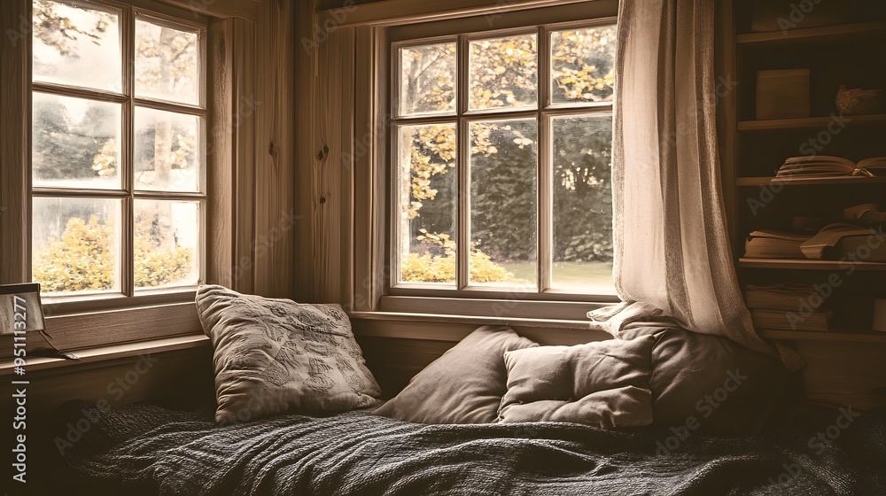 Cozy rustic reading nook by window warm light rainy day sepia tones Cozy rustic reading nook by window warm light rainy day sepia tones