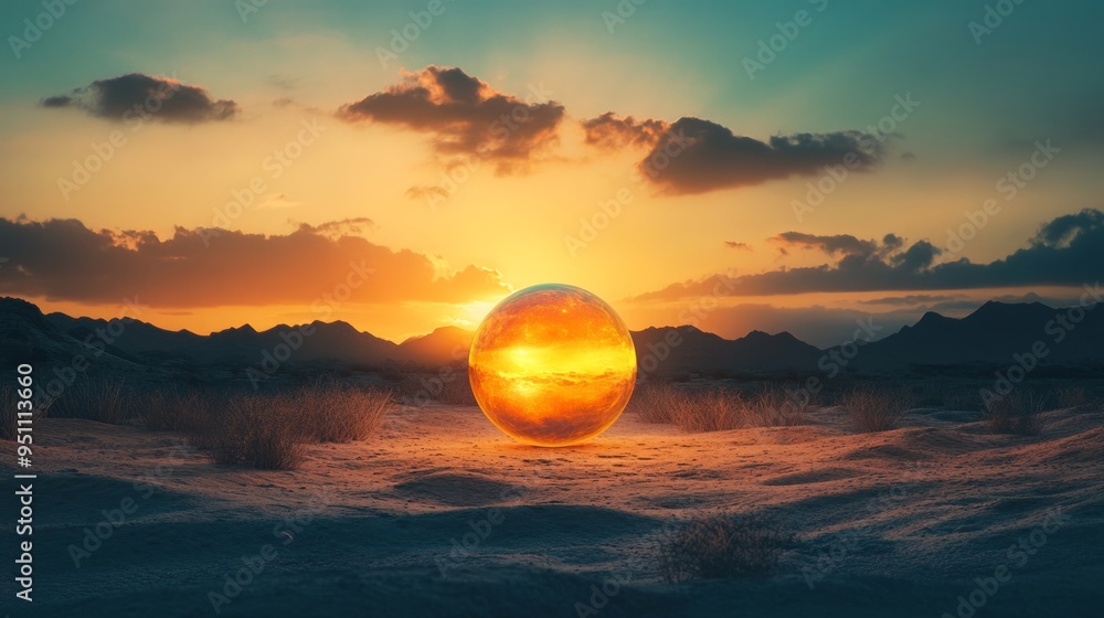 A golden sphere reflecting the setting sun in a desert landscape. A golden sphere reflecting the setting sun in a desert landscape.