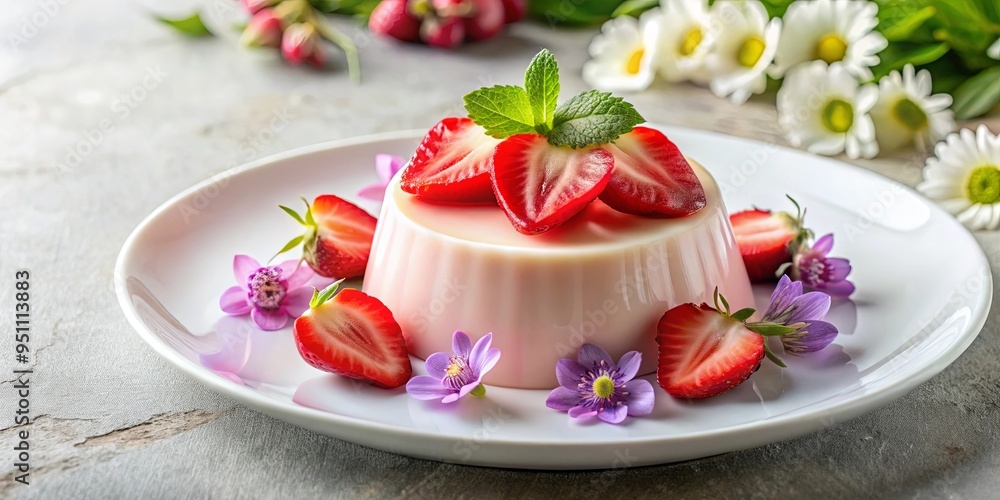 Delicious strawberry panna cotta with fresh flowers on a white plate Delicious strawberry panna cotta with fresh flowers on a white plate