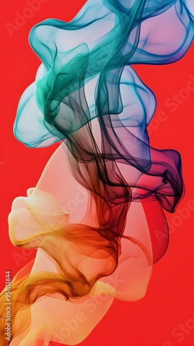 Colorful Smoke on Red Background, Abstract Image, Texture, Pattern, Wallpaper, Cover and Screen for Smartphone, PC, Laptop, 9:16 and 16:9 Format