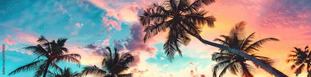 Coconut Palm Trees Against a Colorful Sunset Sky in a Summer Landscape Coconut Palm Trees Against a Colorful Sunset Sky in a Summer Landscape