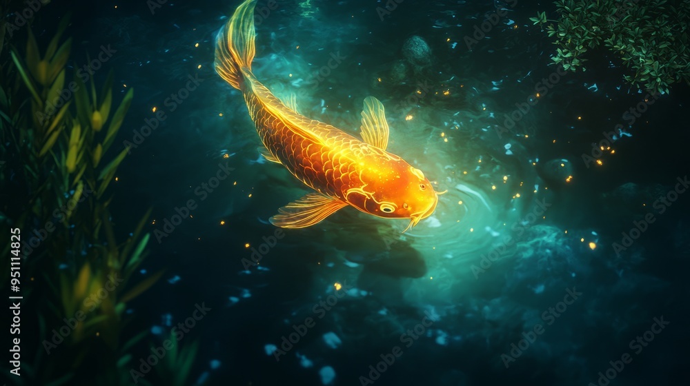 A single golden koi fish swims through dark, swirling water with a magical glow. A single golden koi fish swims through dark, swirling water with a magical glow.
