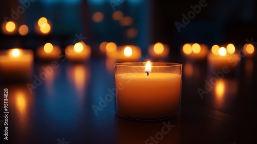 A single burning candle in a glass jar with a soft glow on a dark wooden table, surrounded by other candles out of focus.