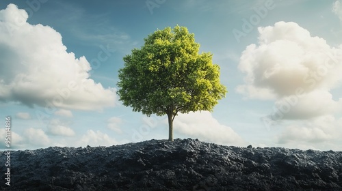 A single tree stands tall against a blue sky with fluffy clouds, its green foliage a beacon of life amidst a dark, rocky terrain.