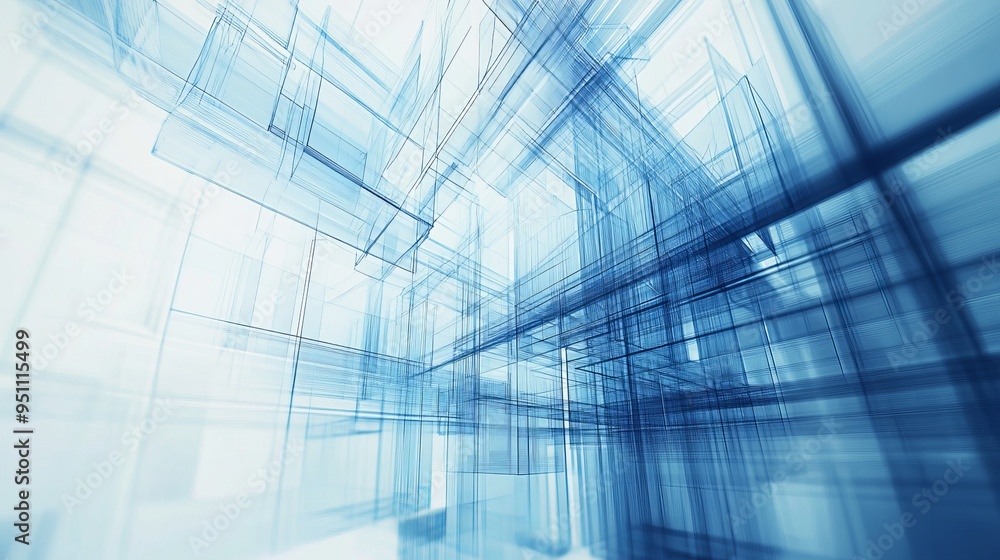 Abstract blue wireframe structure, geometric shapes in perspective.
