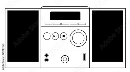 Vector de reproductor de música multifunción en blanco y negro para sitio web, app, tienda virtual, folleto y gráfica. 