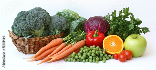 A variety of fresh produce, including broccoli, carrots, red cabbage, red peppers, an orange, green grapes, an apple, and parsley.