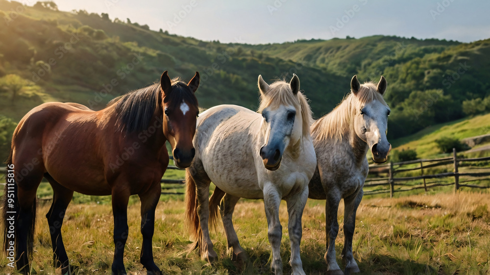 Obraz premium Three horses in the meadow field with forest hill.